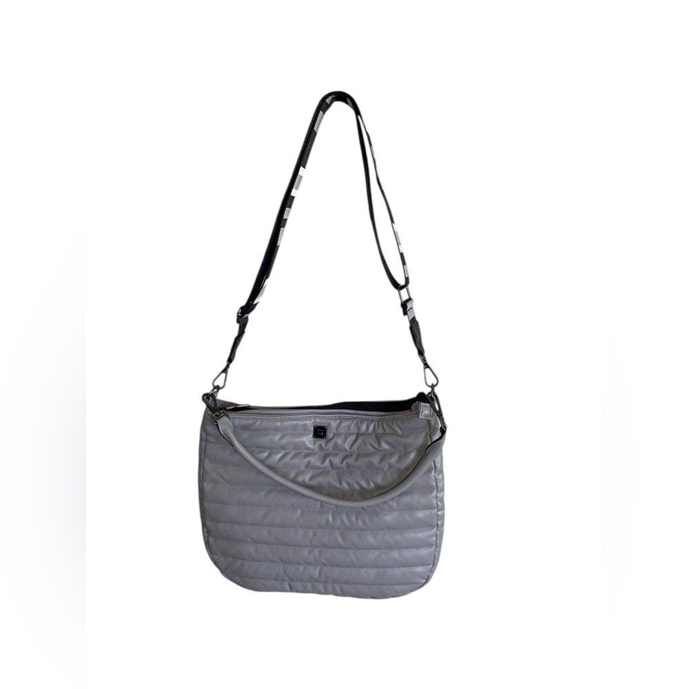THINK ROYLN Quilted Crossbody Shoulder Bag in Light Gray with Black Strap